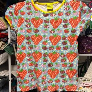 9-10y Duns of Sweden Strawberry Print Shirt - Red and Blue Like New